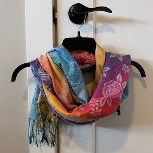 3/$15 multi coloured fringed scarf